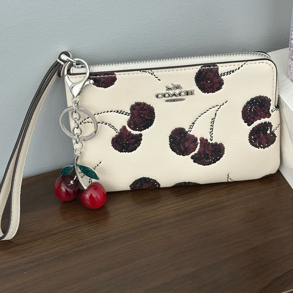 Coach Corner Zip Wristlet Wallet with Cherry Print and Cherry Charm - Picture 3 of 12